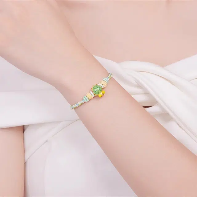 水贝之星 珐琅小乌龟 甜美森系小清新精致萌趣可爱创意设计少女心可调节手工编织绳手饰 足金 一口价 黄金手链 男女同款情侣款
