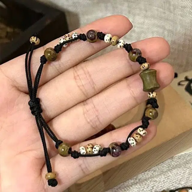 水贝之星 水墨竹节 国潮复古新中式精致创意设计小众高级感节节高升可调节编织绳几何圆珠手饰 织物 手链 男女同款情侣款