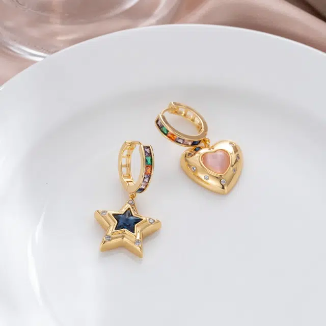 都爵 精致高级感小星星粉色爱心设计不对称高级小众气质轻奢小众 铜 耳环 女款