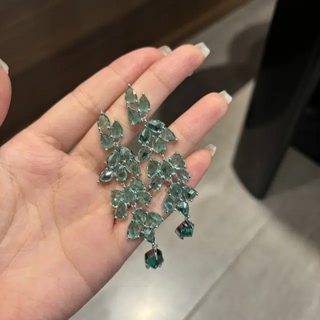 都爵 树叶流苏长叶子设计 立方氧化锆  铜 耳钉 女款 绿色
