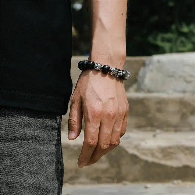 炙真银楼  貔貅 黑曜石 手串 男款