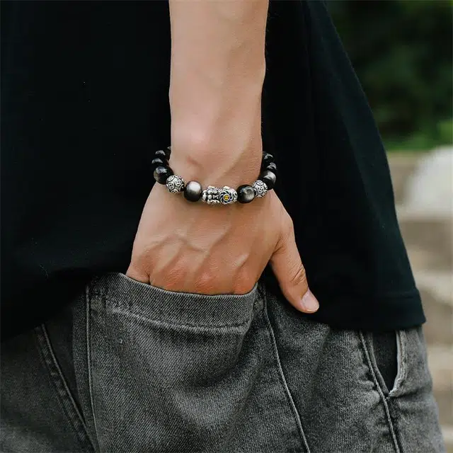 炙真银楼  貔貅 黑曜石 手串 男款