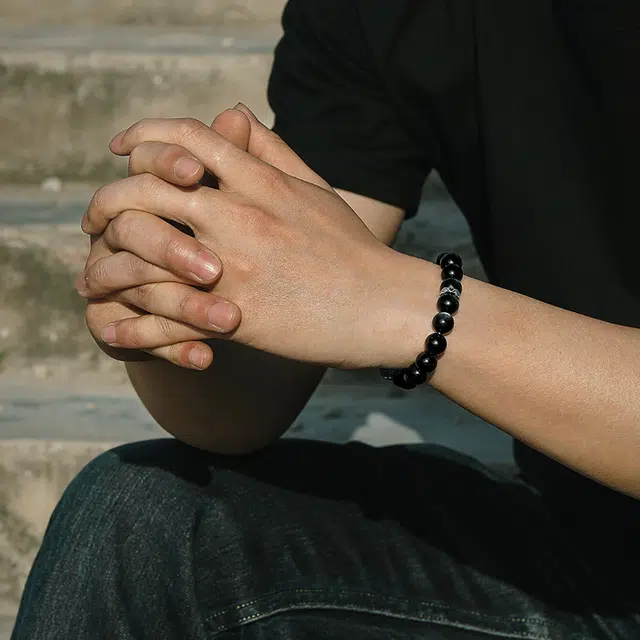 炙真银楼 双眼 磨砂 黑发晶 手串 男款