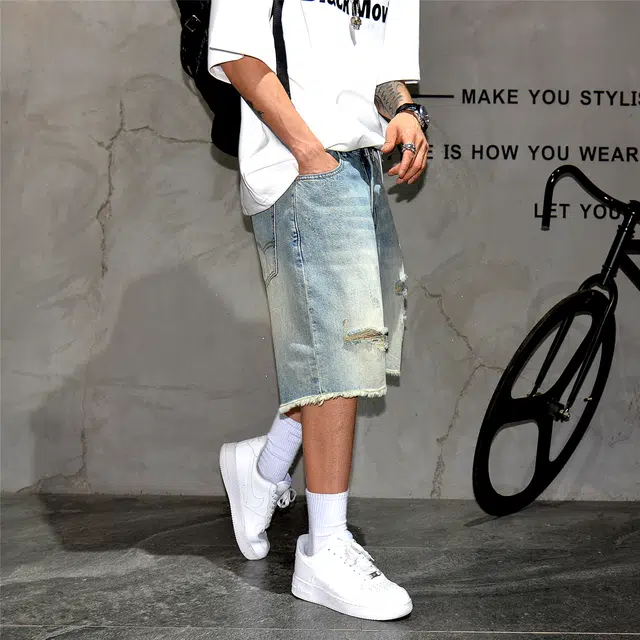 半空山 美式复古做旧毛边宽松直筒潮流破洞牛仔短裤 男女同款