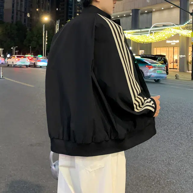 半空山 半空山美式复古高街学院风潮流撞色侧边条纹小米格立领防泼水时尚百搭宽松舒适简约夹克 男女同款