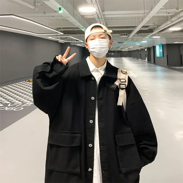 半空山 美式复古高街纯色简约大口袋工装长袖牛仔外套 男女同款