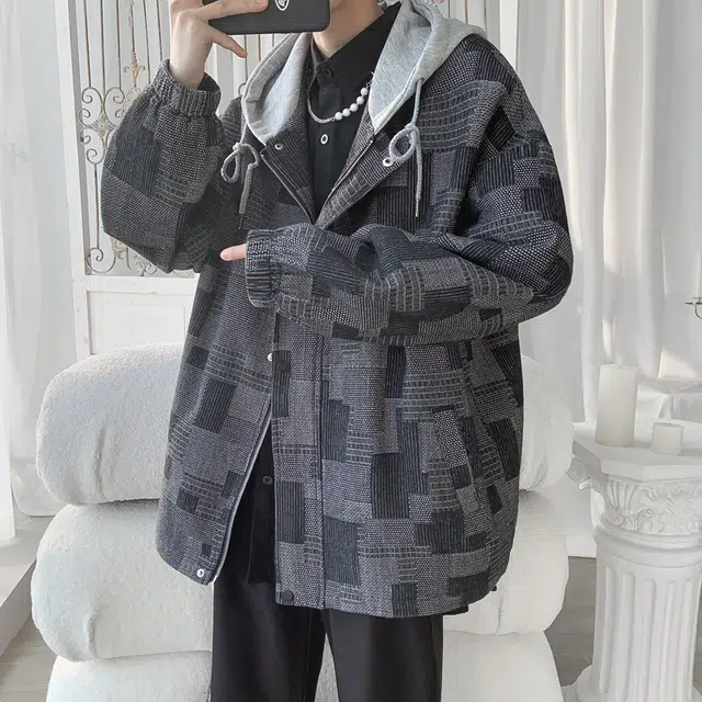 半空山 半空山美式复古高街潮牌格子拼接街头连帽撞色棋盘时尚百搭宽松舒适工装夹克卫衣 男女同款