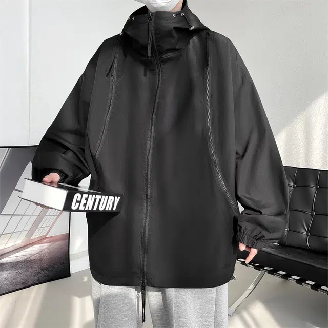 半空山 半空山美式复古高街纯色基础款拉链拼接高级设计感三防山系户外立领连帽飞行员冲锋夹克 男女同款