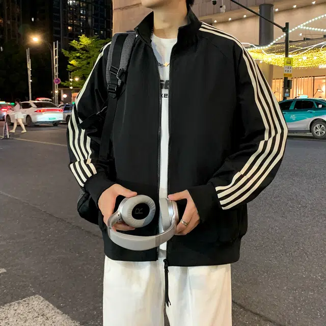 半空山 半空山美式复古高街学院风潮流撞色侧边条纹小米格立领防泼水时尚百搭宽松舒适简约夹克 男女同款