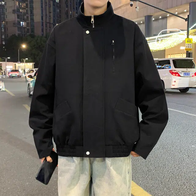 半空山 半空山美式复古高街纯色基础款纯棉拼接金属按扣潮流时尚百搭飞行员夹克 男女同款