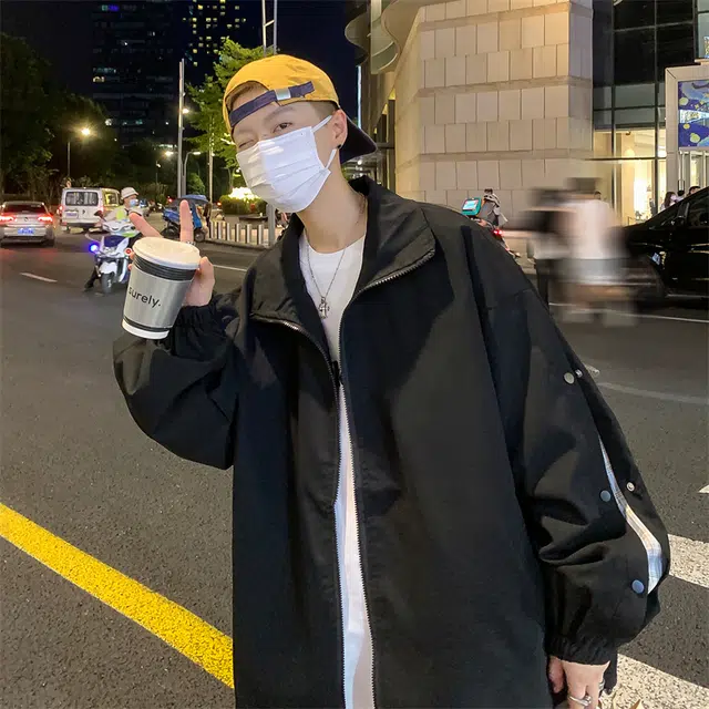 半空山 半空山美式复古高街纯色基础款简约侧边拼接可开纽扣立领山系户外时尚百搭宽松舒适飞行员冲锋夹克 男女同款