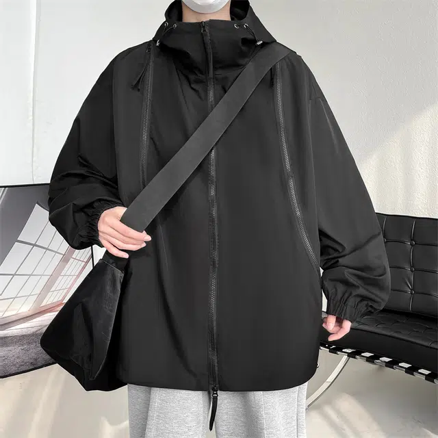 半空山 半空山美式复古高街纯色基础款拉链拼接高级设计感三防山系户外立领连帽飞行员冲锋夹克 男女同款