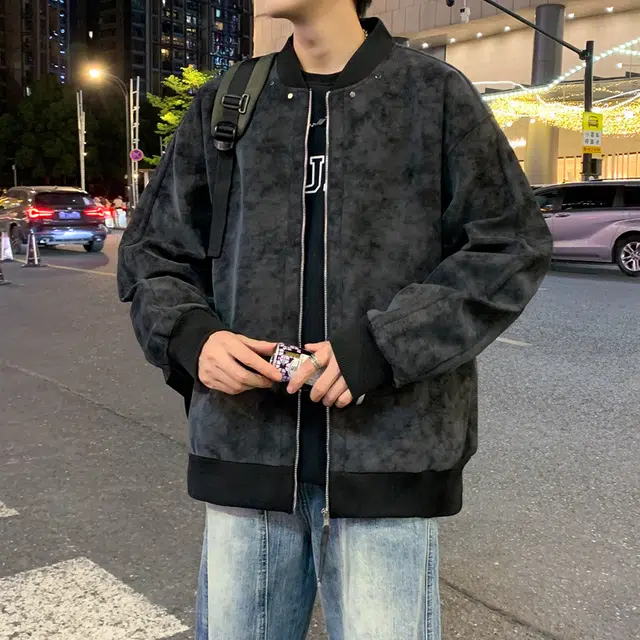 半空山 半空山美式复古高街纯色扎染绒面雾花皮免洗潮流时尚百搭宽松舒适飞行员夹克 男款