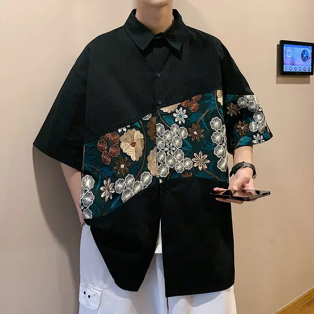 半空山 新中式国潮刺绣复古小众休闲短袖衬衫 男女同款
