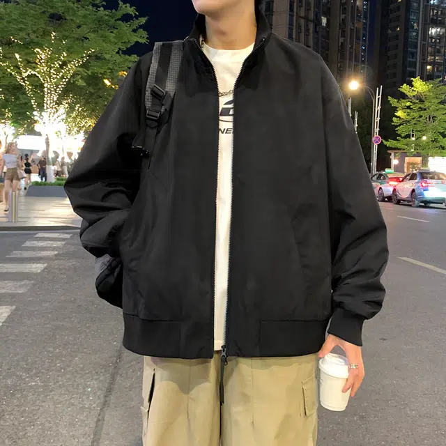 半空山 半空山美式复古高街纯色基础款扎染罗纹拉链双开潮流时尚百搭立领夹克 男女同款