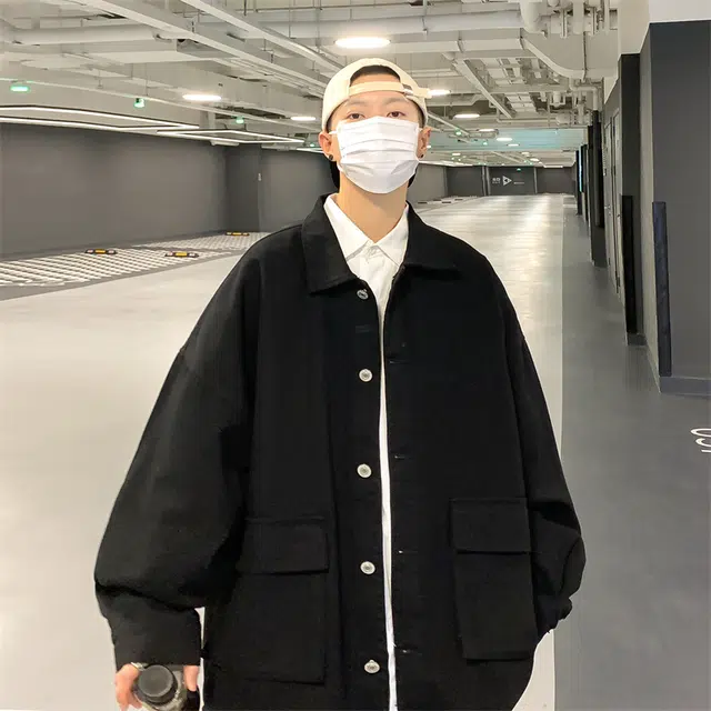 半空山 美式复古高街纯色简约大口袋工装长袖牛仔外套 男女同款