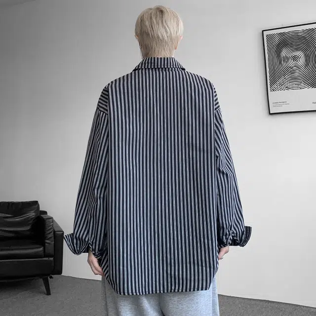 半空山 纯色竖条纹拼接设计学院风少年感韩风松弛慵懒感百搭宽松痞帅显瘦亲肤透气高质感潮流长袖衬衫 男女同款