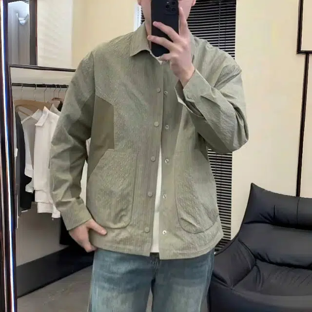 半空山 半空山美式复古高街撞色拼接肌理感高级设计感同色按扣泡泡纱时尚百搭宽松舒适薄款夹克 男女同款