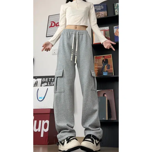 半空山 美式复古纯色简约工装大口袋松紧腰品牌文字刺绣系带宽松直筒柔软舒适透气阔腿休闲裤 男女同款