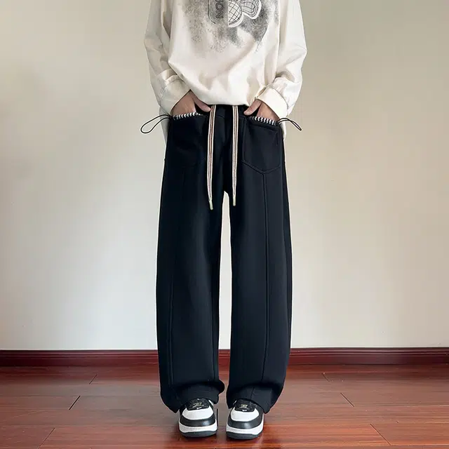 半空山 【口袋装反了】美式经典高级质感纯色宽松柔软舒适线条设计感痞帅耐磨时尚百搭长裤休闲裤 男女同款