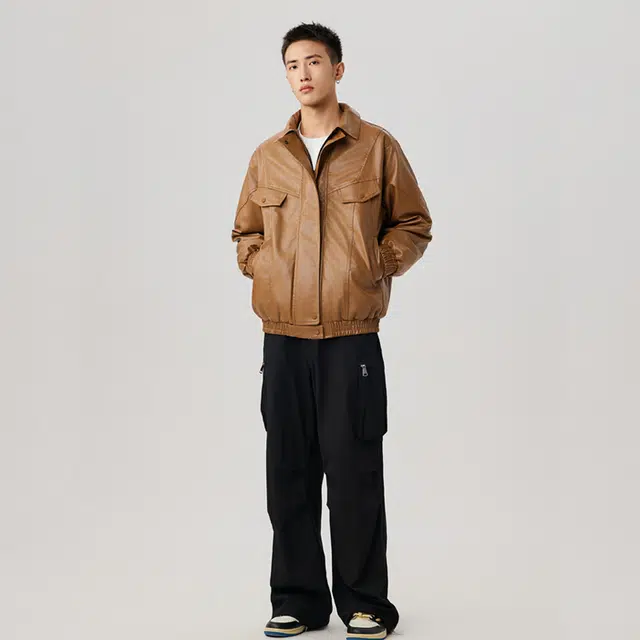 半空山 美式复古城市机能宽松翻领高品质机车服防风防水工装夹克皮衣 男女同款