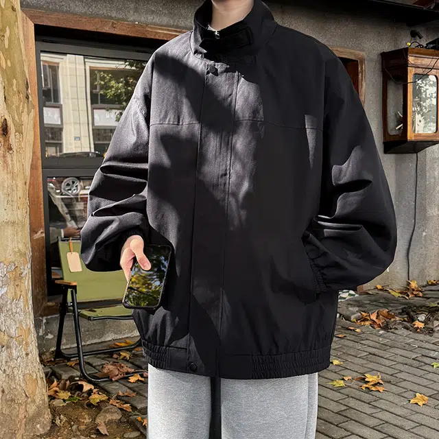 半空山 美式高街纯色基础款简约纽扣高级设计感潮流时尚百搭宽松舒适夹克外套 男女同款