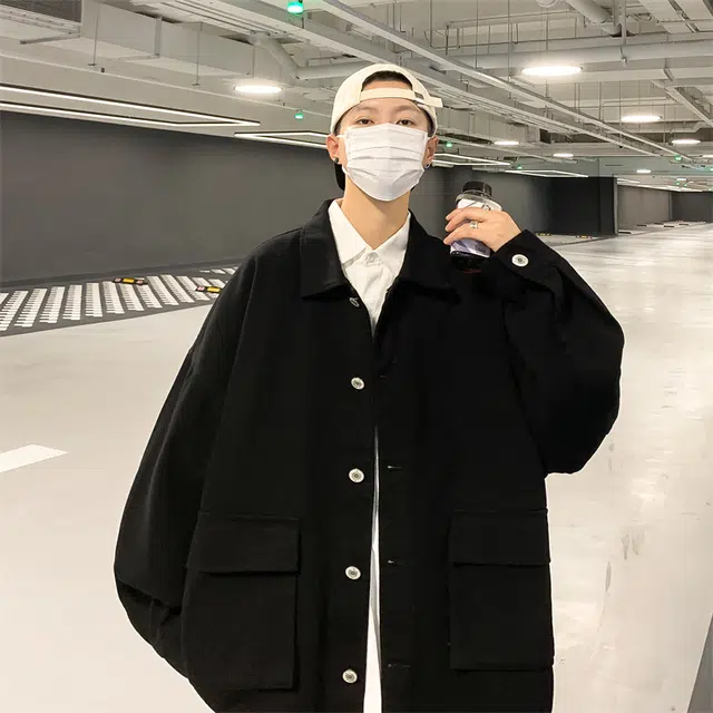 半空山 美式复古高街纯色简约大口袋工装长袖牛仔外套 男女同款