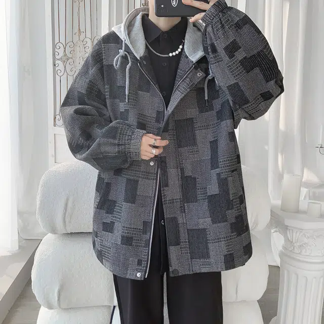 半空山 半空山美式复古高街潮牌格子拼接街头连帽撞色棋盘时尚百搭宽松舒适工装夹克卫衣 男女同款