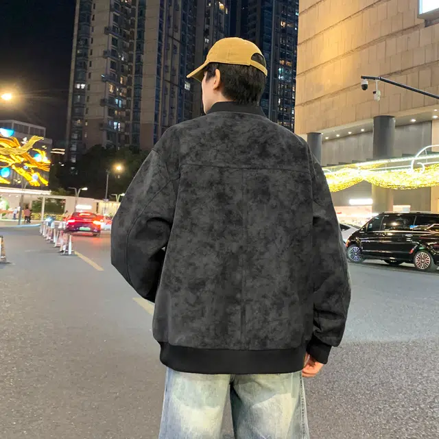 半空山 半空山美式复古高街纯色扎染绒面雾花皮免洗潮流时尚百搭宽松舒适飞行员夹克 男款