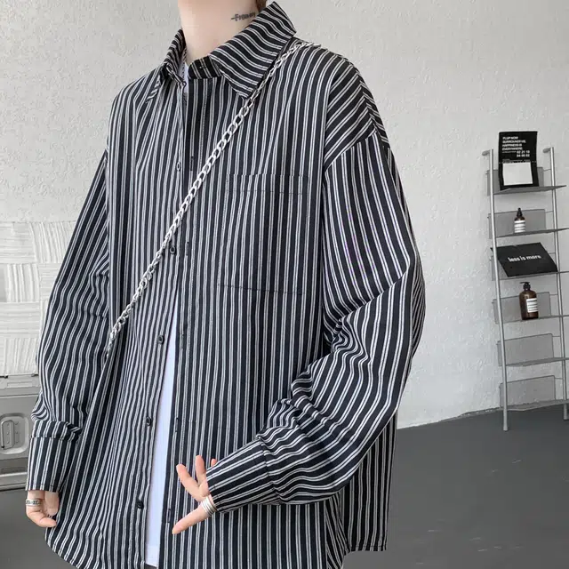 半空山 纯色竖条纹拼接设计学院风少年感韩风松弛慵懒感百搭宽松痞帅显瘦亲肤透气高质感潮流长袖衬衫 男女同款