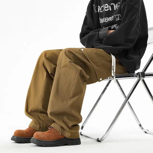 半空山 美式复古立体线条解构多口袋设计纯色纯棉高品质品牌文字刺绣系带宽松阔腿休闲工装裤 男女同款