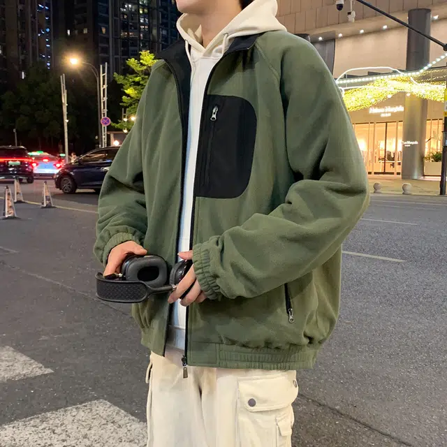 半空山 半空山美式复古高街撞色口袋双面穿小米格防泼水摇粒绒潮流立领夹克 男女同款