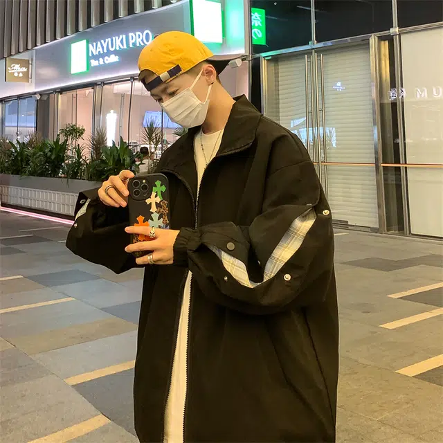 半空山 半空山美式复古高街纯色基础款简约侧边拼接可开纽扣立领山系户外时尚百搭宽松舒适飞行员冲锋夹克 男女同款