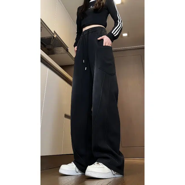 半空山 水洗做旧纯色多口袋宽松阔腿工装美式复古高街百搭直筒抽绳拖地休闲裤 男女同款