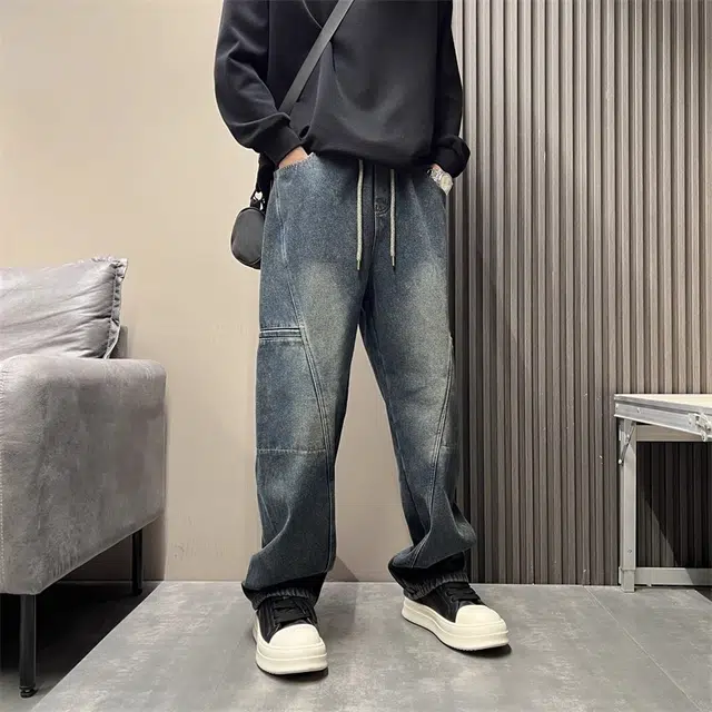 半空山 美式复古高街解构拼接斜切巴黎弯刀大口袋个性小众设计感潮流时尚百搭宽松舒适直筒牛仔裤 男女同款