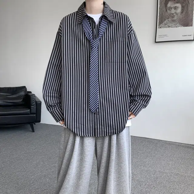 半空山 纯色竖条纹拼接设计学院风少年感韩风松弛慵懒感百搭宽松痞帅显瘦亲肤透气高质感潮流长袖衬衫 男女同款