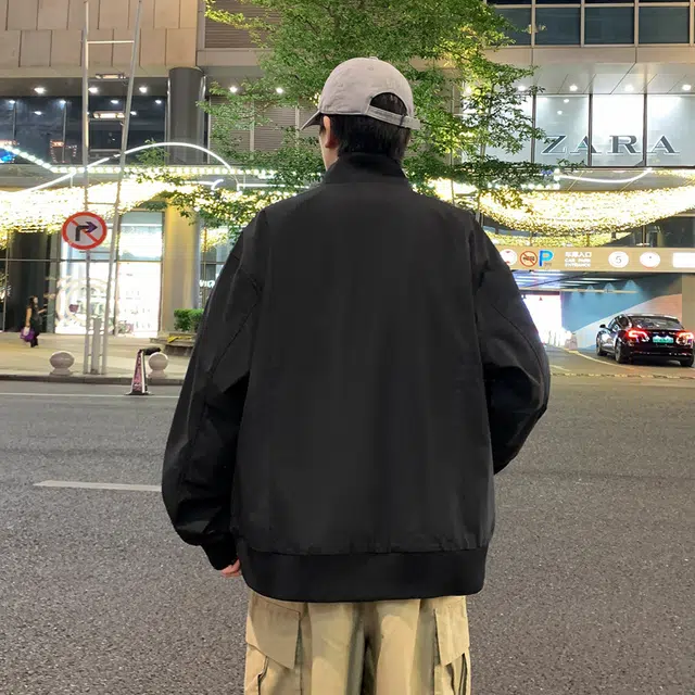 半空山 半空山美式复古高街纯色基础款扎染罗纹拉链双开潮流时尚百搭立领夹克 男女同款