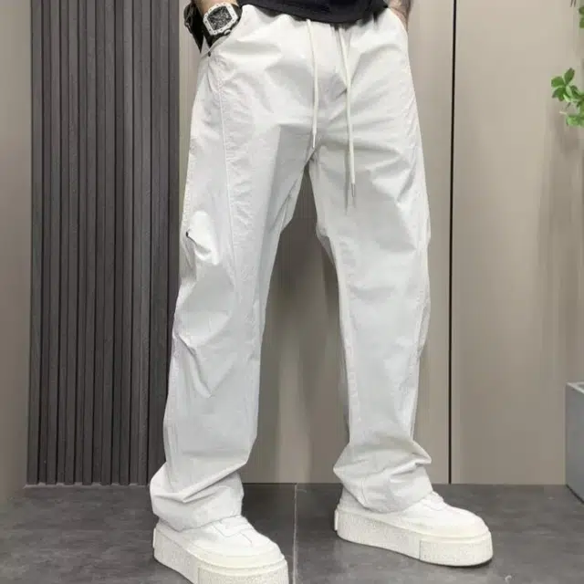 半空山 美式高街潮牌宽松垂感铆钉褶皱设计纯色简约薄款系带中腰百搭直筒休闲裤 男女同款