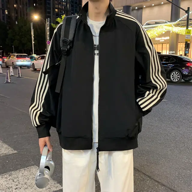 半空山 半空山美式复古高街学院风潮流撞色侧边条纹小米格立领防泼水时尚百搭宽松舒适简约夹克 男女同款