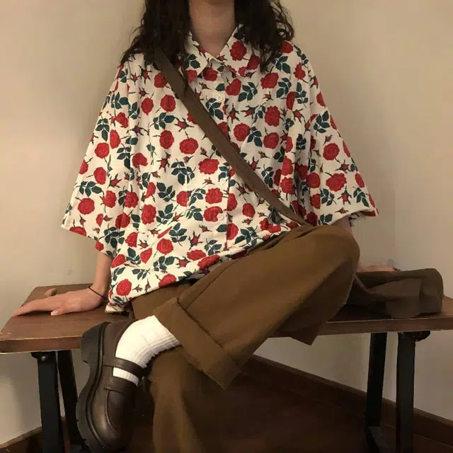 半空山 美式高街复古港味宽松碎花短袖显瘦独特时尚开衫衬衣上衣潮衬衫 男女同款