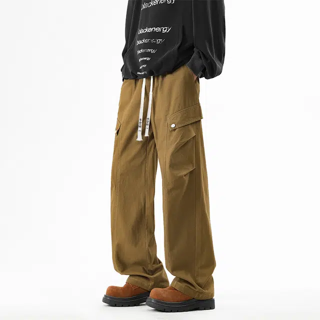 半空山 美式复古立体线条解构多口袋设计纯色纯棉高品质品牌文字刺绣系带宽松阔腿休闲工装裤 男女同款