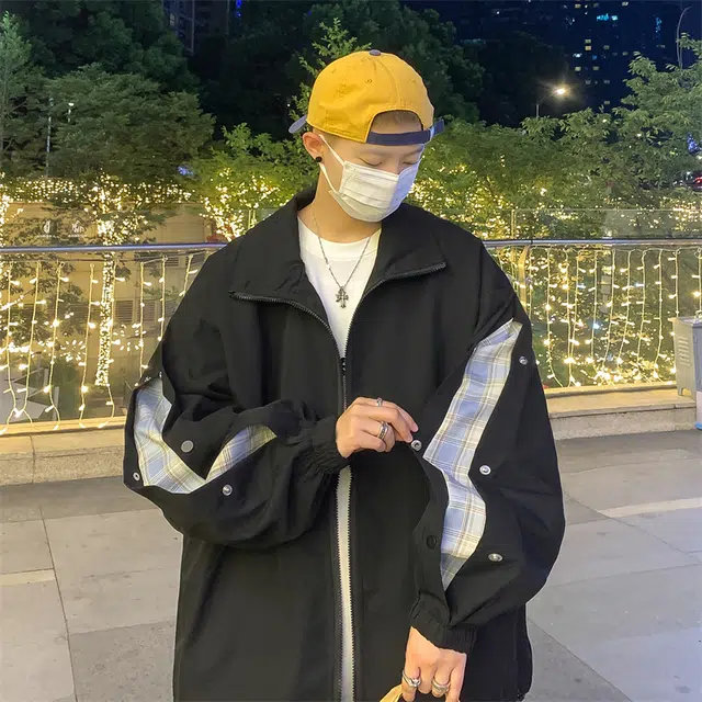 半空山 半空山美式复古高街纯色基础款简约侧边拼接可开纽扣立领山系户外时尚百搭宽松舒适飞行员冲锋夹克 男女同款