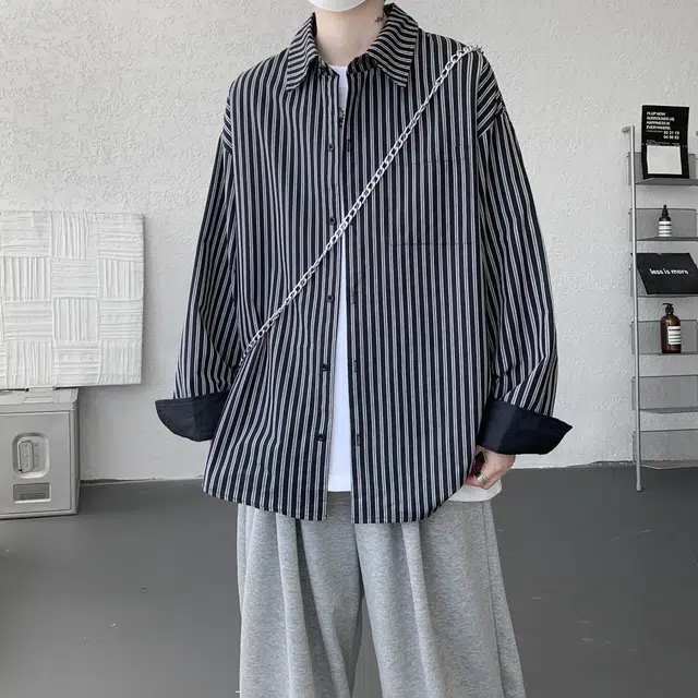半空山 纯色竖条纹拼接设计学院风少年感韩风松弛慵懒感百搭宽松痞帅显瘦亲肤透气高质感潮流长袖衬衫 男女同款