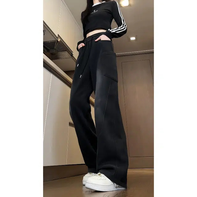 半空山 水洗做旧纯色多口袋宽松阔腿工装美式复古高街百搭直筒抽绳拖地休闲裤 男女同款