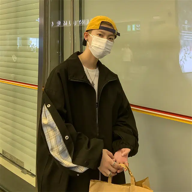 半空山 半空山美式复古高街纯色基础款简约侧边拼接可开纽扣立领山系户外时尚百搭宽松舒适飞行员冲锋夹克 男女同款