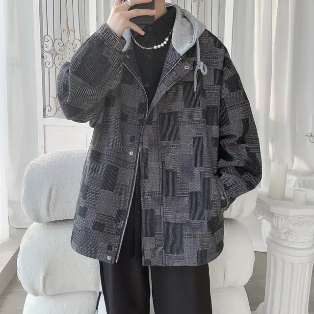 半空山 半空山美式复古高街潮牌格子拼接街头连帽撞色棋盘时尚百搭宽松舒适工装夹克卫衣 男女同款