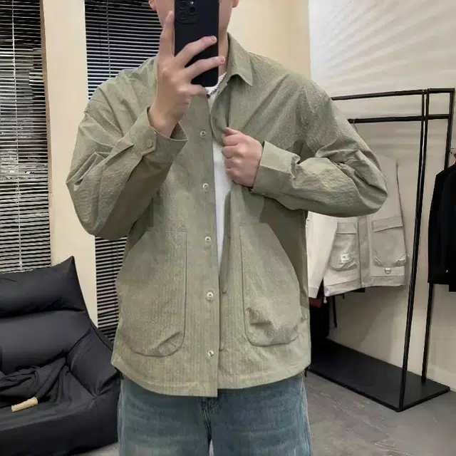 半空山 半空山美式复古高街撞色拼接肌理感高级设计感同色按扣泡泡纱时尚百搭宽松舒适薄款夹克 男女同款