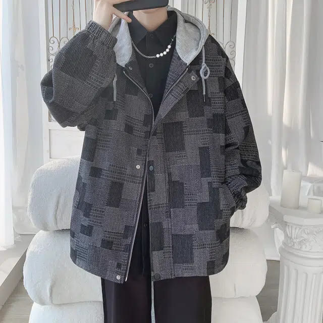 半空山 半空山美式复古高街潮牌格子拼接街头连帽撞色棋盘时尚百搭宽松舒适工装夹克卫衣 男女同款