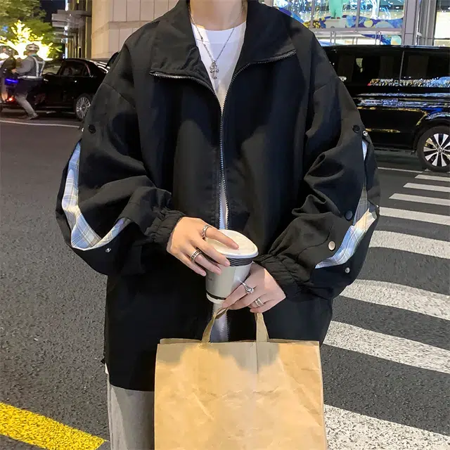 半空山 半空山美式复古高街纯色基础款简约侧边拼接可开纽扣立领山系户外时尚百搭宽松舒适飞行员冲锋夹克 男女同款