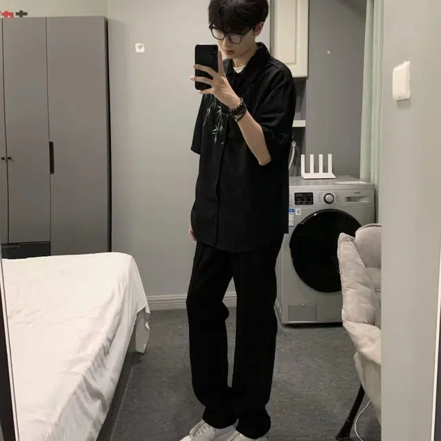 半空山 新中式国风两件套竹子刺绣古风唐装设计休闲舒适宽松百搭直筒亲肤透气盘扣高街衬衫套装 男女同款